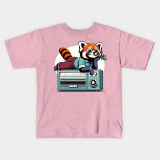 70s red panda eating carrot while sitting on vintage radio Kids T-Shirt